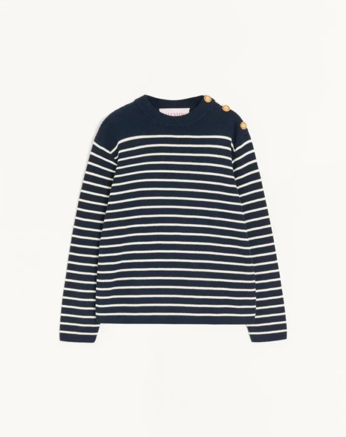 Striped Cotton Crewneck Sweater With Buttons On The Shoulder Striped Cotton Crewneck Sweater With Buttons On The Shoulder