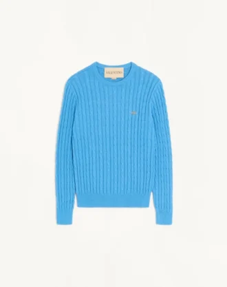 Valentino cable-knit cotton crew neck sweater with VLogo on the chest