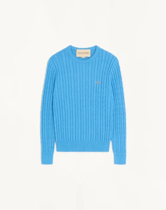 Valentino cable-knit cotton crew neck sweater with VLogo on the chest