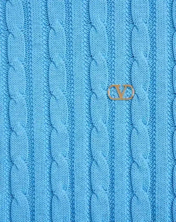 Valentino cable-knit cotton crew neck sweater with VLogo on the chest