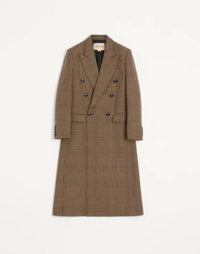 Valentino Double-Breasted Wool Coat with Glen Plaid Pattern