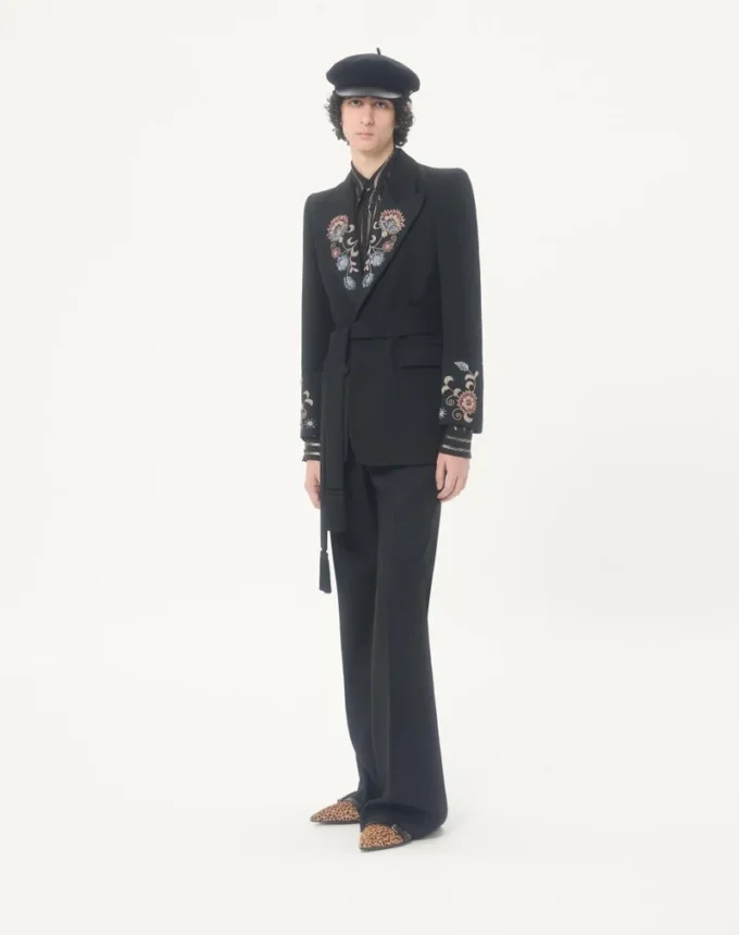 Valentino Embroidered Belted Jacket in Grain De Poudre Wool