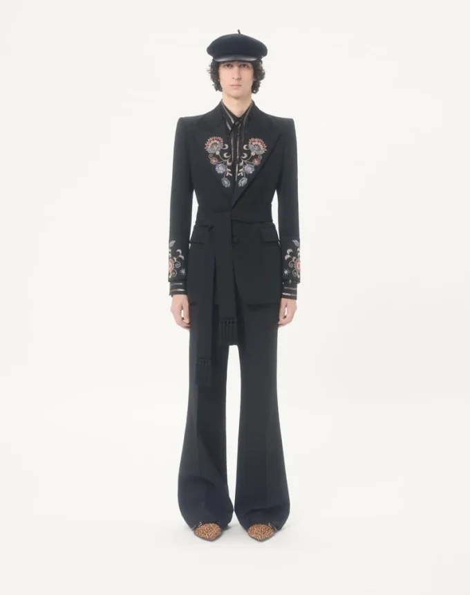 Valentino Embroidered Belted Jacket in Grain De Poudre Wool