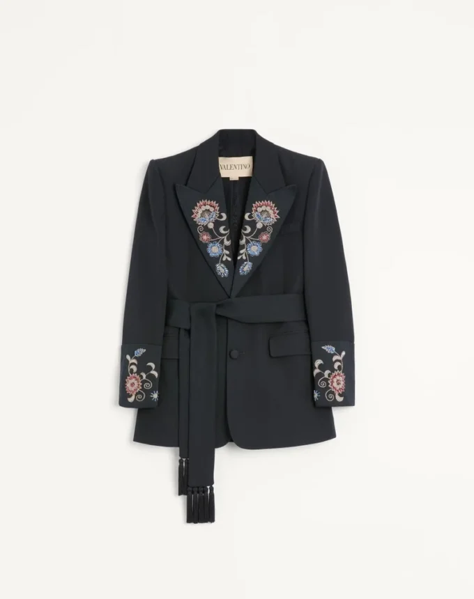 Valentino Embroidered Belted Jacket in Grain De Poudre Wool