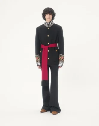 Valentino embroidered jacket with belt in wool gabardine with VGold