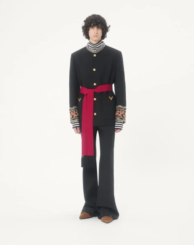 Valentino embroidered jacket with belt in wool gabardine with VGold