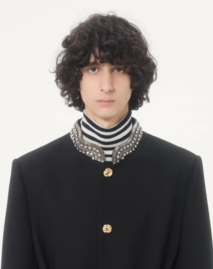 Valentino embroidered jacket with belt in wool gabardine with VGold