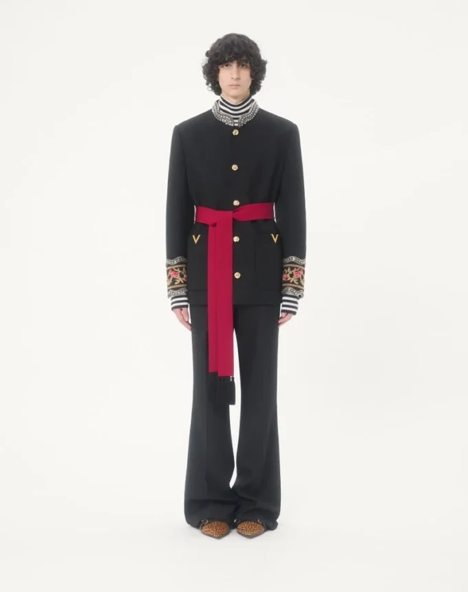 Valentino embroidered jacket with belt in wool gabardine with VGold