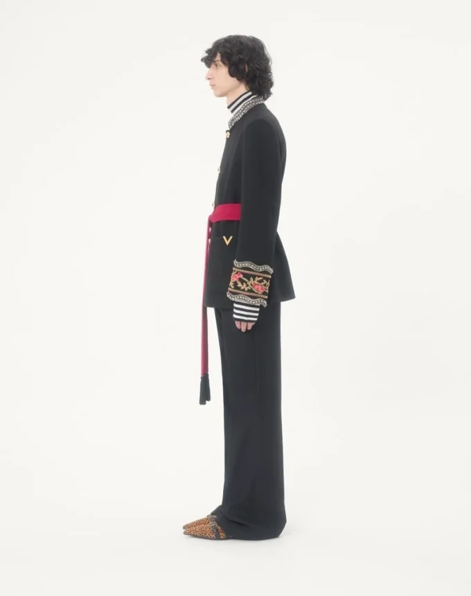 Valentino embroidered jacket with belt in wool gabardine with VGold