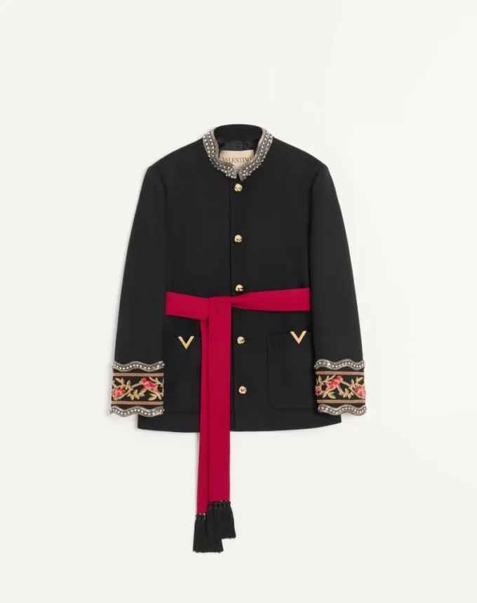 Valentino embroidered jacket with belt in wool gabardine with VGold