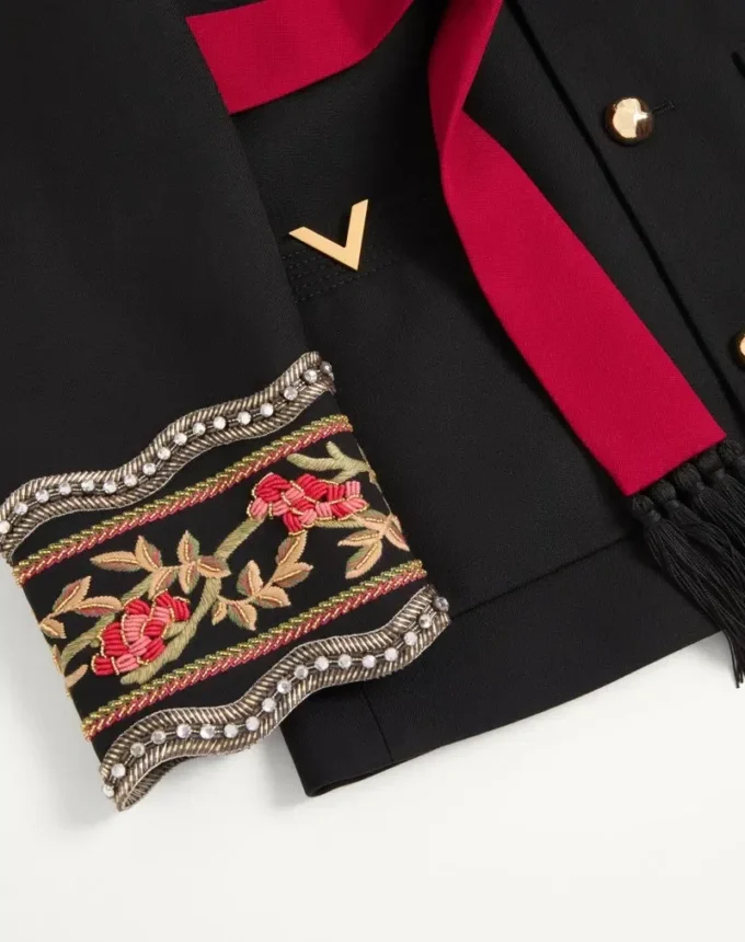 Valentino embroidered jacket with belt in wool gabardine with VGold