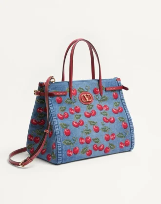 Valentino Garavani Antibes Medium Shopping Bag In Denim With Cherryfic Embroidery
