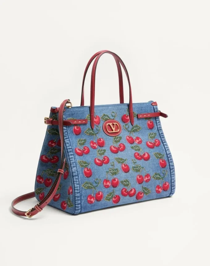 Valentino Garavani Antibes Medium Shopping Bag In Denim With Cherryfic Embroidery