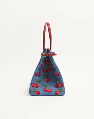 Valentino Garavani Antibes Medium Shopping Bag In Denim With Cherryfic Embroidery