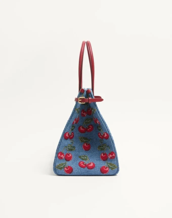 Valentino Garavani Antibes Medium Shopping Bag In Denim With Cherryfic Embroidery