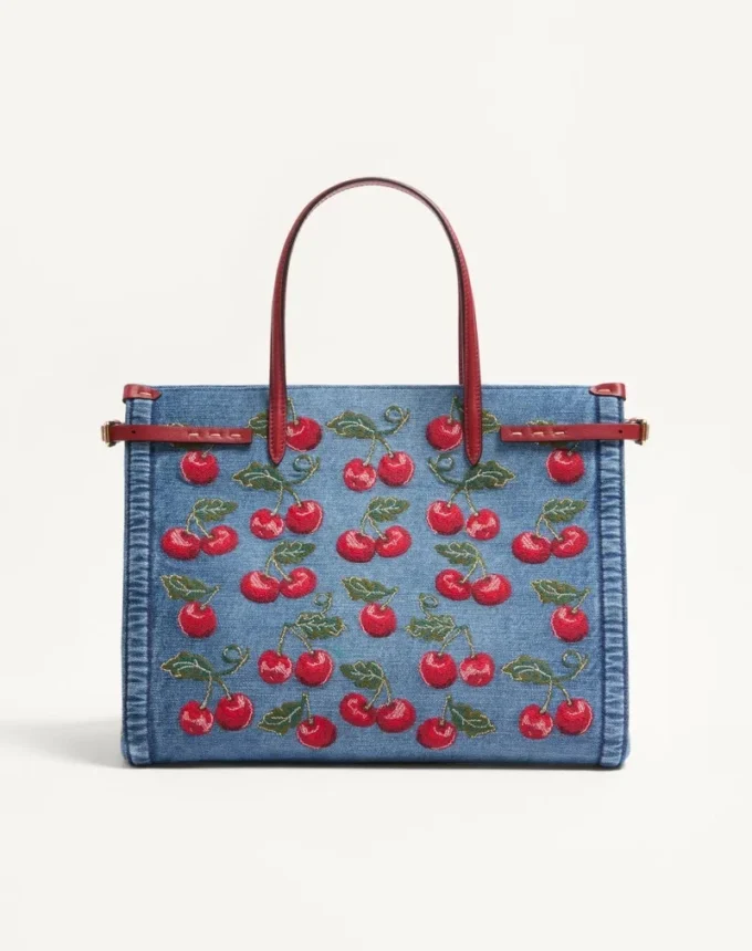 Valentino Garavani Antibes Medium Shopping Bag In Denim With Cherryfic Embroidery