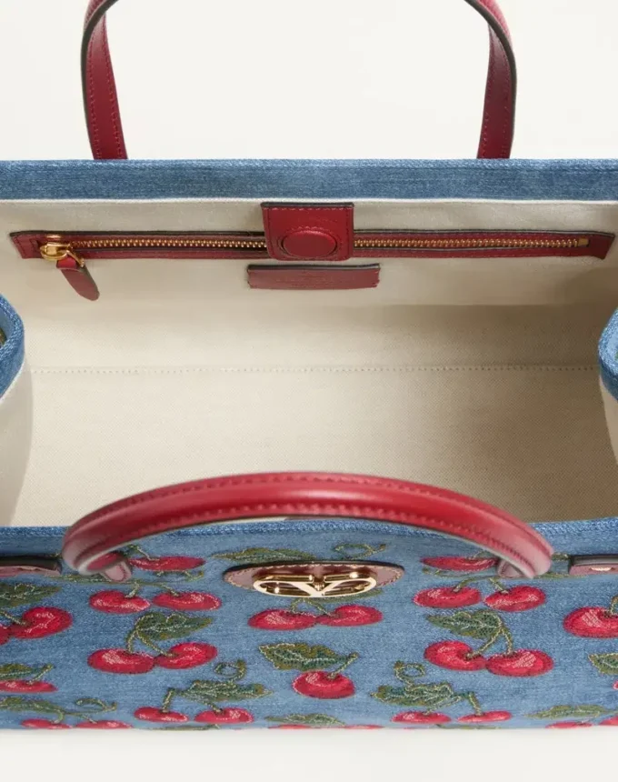 Valentino Garavani Antibes Medium Shopping Bag In Denim With Cherryfic Embroidery
