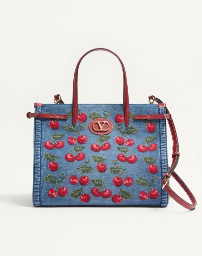 Valentino Garavani Antibes Medium Shopping Bag In Denim With Cherryfic Embroidery