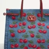 Valentino Garavani Antibes Medium Shopping Bag In Denim With Cherryfic Embroidery