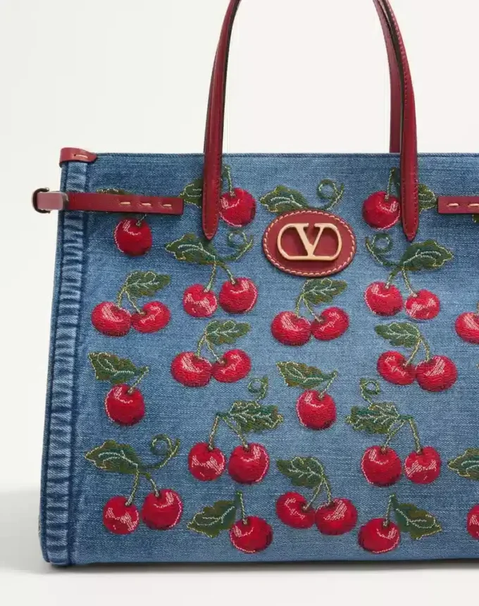 Valentino Garavani Antibes Medium Shopping Bag In Denim With Cherryfic Embroidery