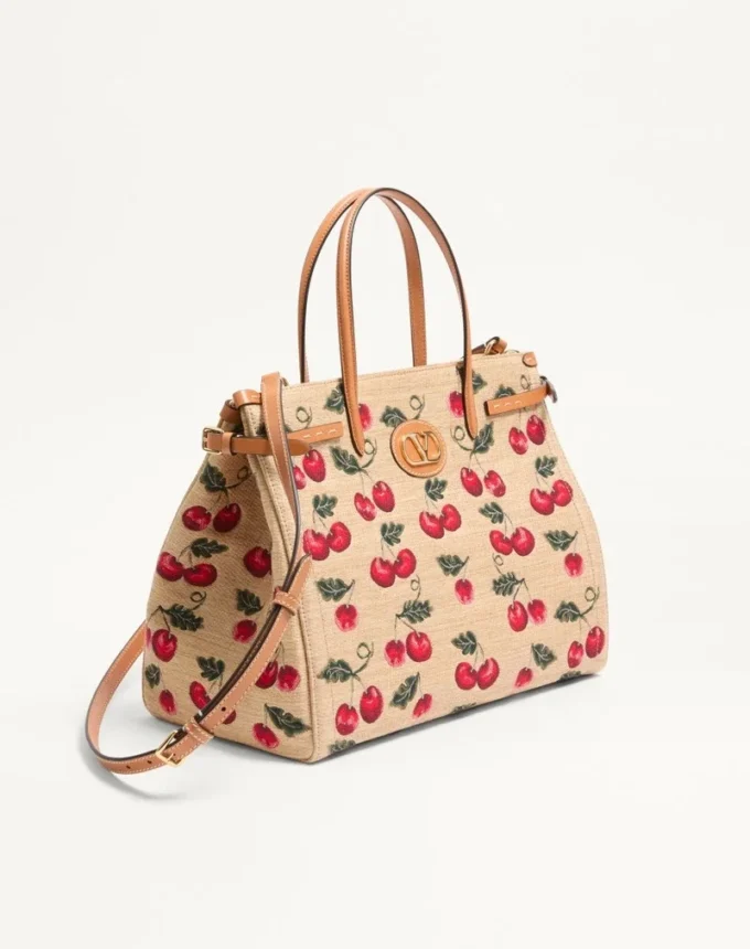 Valentino Garavani Antibes Medium Shopping Bag In Jacquard Raffia With Cherryfic Motif