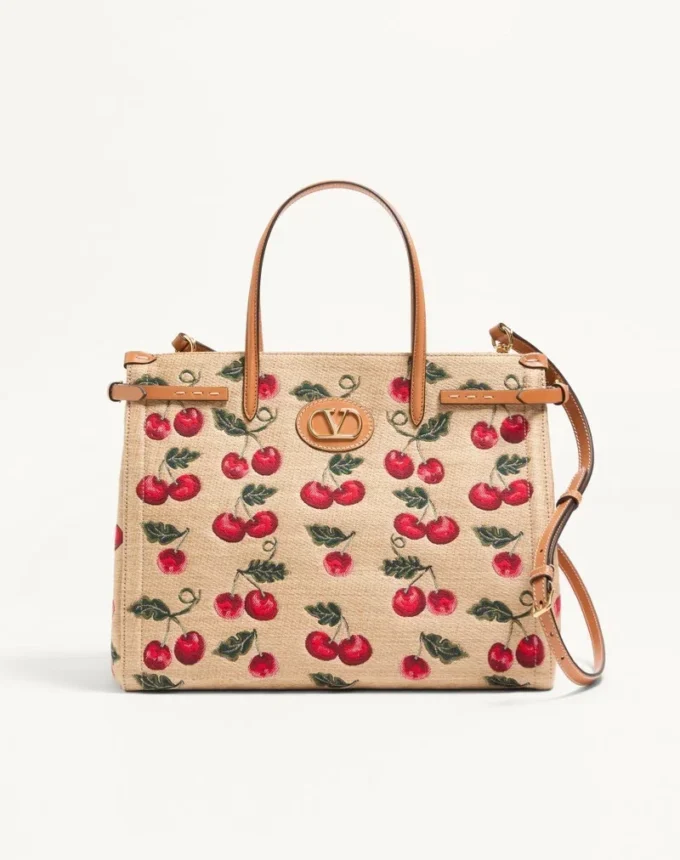Valentino Garavani Antibes Medium Shopping Bag In Jacquard Raffia With Cherryfic Motif