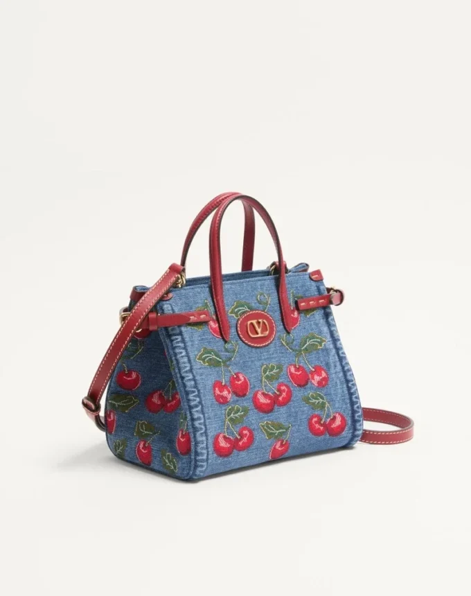 Valentino Garavani Antibes Small Shopping Bag In Denim With Cherryfic Embroidery