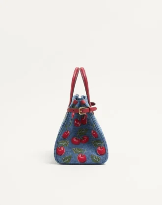 Valentino Garavani Antibes Small Shopping Bag In Denim With Cherryfic Embroidery