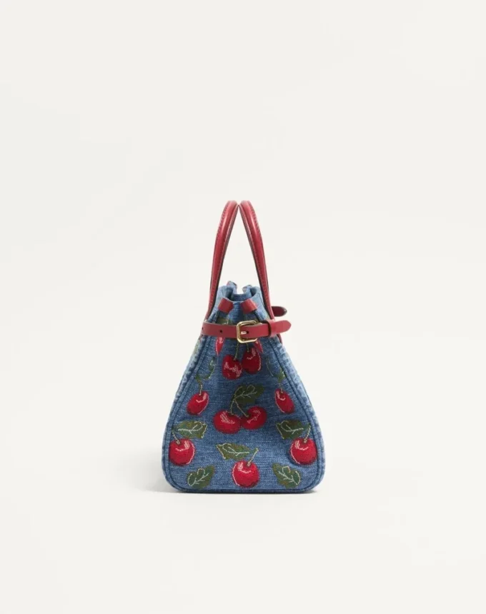 Valentino Garavani Antibes Small Shopping Bag In Denim With Cherryfic Embroidery