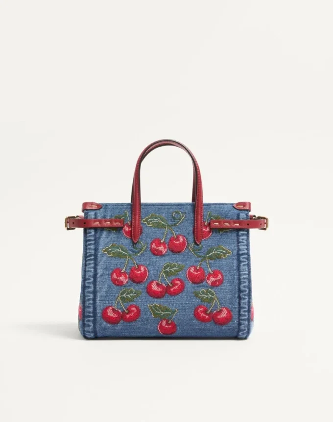 Valentino Garavani Antibes Small Shopping Bag In Denim With Cherryfic Embroidery