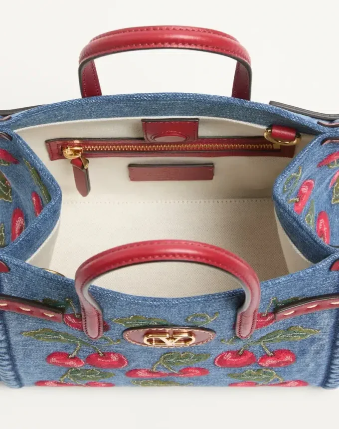 Valentino Garavani Antibes Small Shopping Bag In Denim With Cherryfic Embroidery