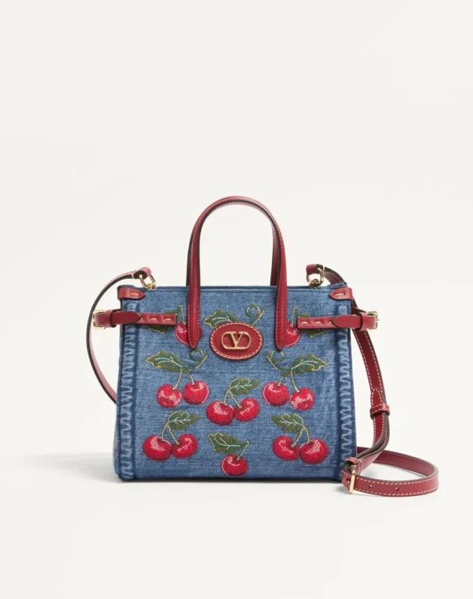 Valentino Garavani Antibes Small Shopping Bag In Denim With Cherryfic Embroidery