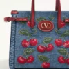 Valentino Garavani Antibes Small Shopping Bag In Denim With Cherryfic Embroidery