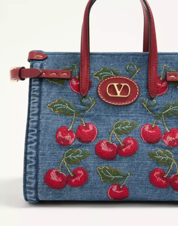 Valentino Garavani Antibes Small Shopping Bag In Denim With Cherryfic Embroidery
