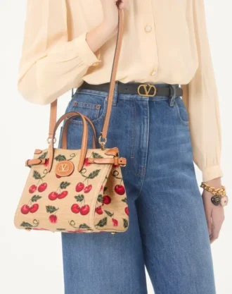 Valentino Garavani Antibes Small Shopping Bag In Jacquard Raffia With Cherryfic Pattern