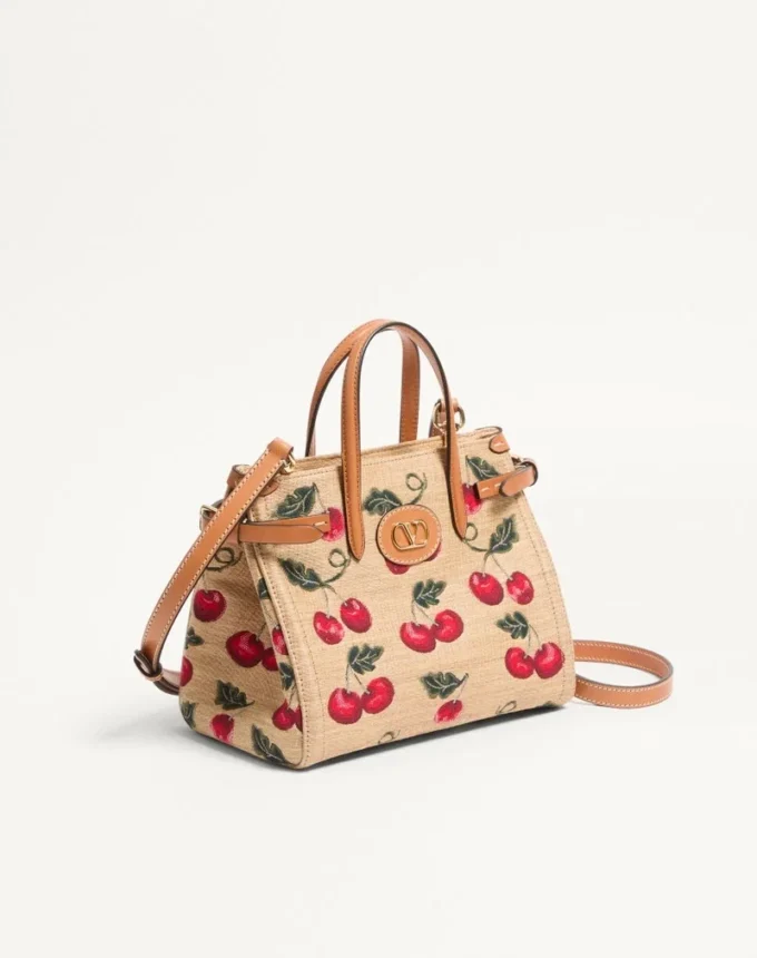 Valentino Garavani Antibes Small Shopping Bag In Jacquard Raffia With Cherryfic Pattern
