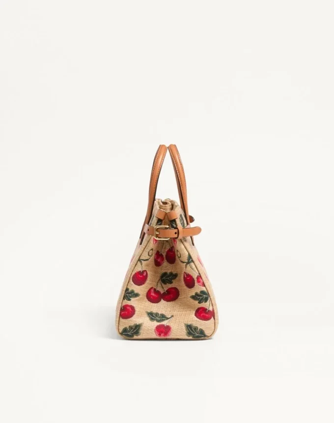 Valentino Garavani Antibes Small Shopping Bag In Jacquard Raffia With Cherryfic Pattern
