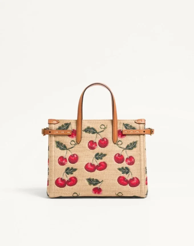 Valentino Garavani Antibes Small Shopping Bag In Jacquard Raffia With Cherryfic Pattern