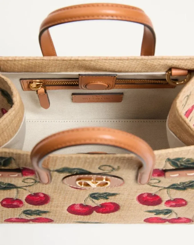 Valentino Garavani Antibes Small Shopping Bag In Jacquard Raffia With Cherryfic Pattern