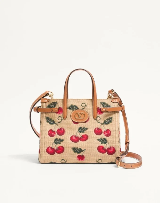 Valentino Garavani Antibes Small Shopping Bag In Jacquard Raffia With Cherryfic Pattern