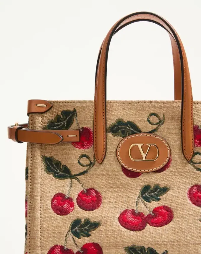 Valentino Garavani Antibes Small Shopping Bag In Jacquard Raffia With Cherryfic Pattern
