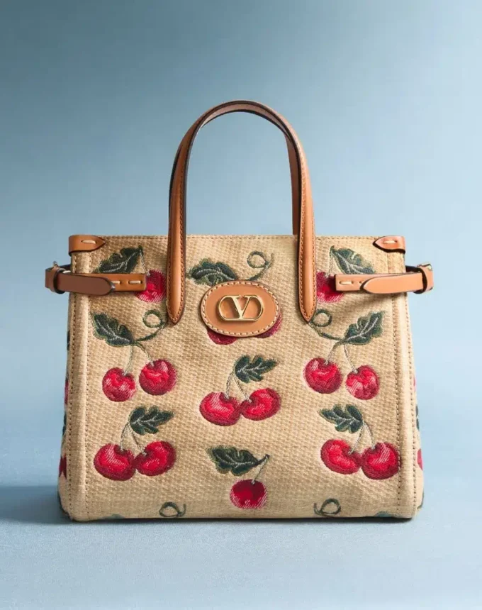 Valentino Garavani Antibes Small Shopping Bag In Jacquard Raffia With Cherryfic Pattern