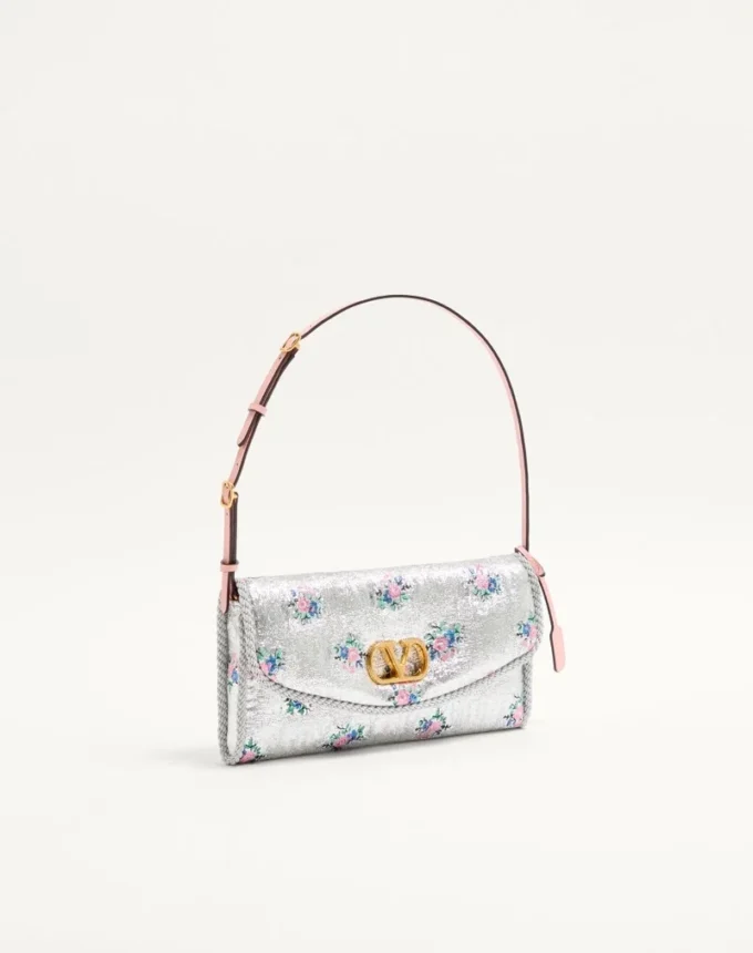 Valentino Garavani DeVain Small Shoulder Bag In Floral Lurex Jacquard Fabric