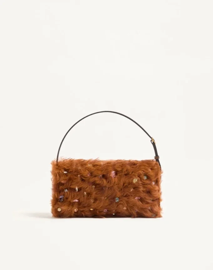 Valentino Garavani DeVain Small Shoulder Bag In Lamb Fur With Rhinestones.