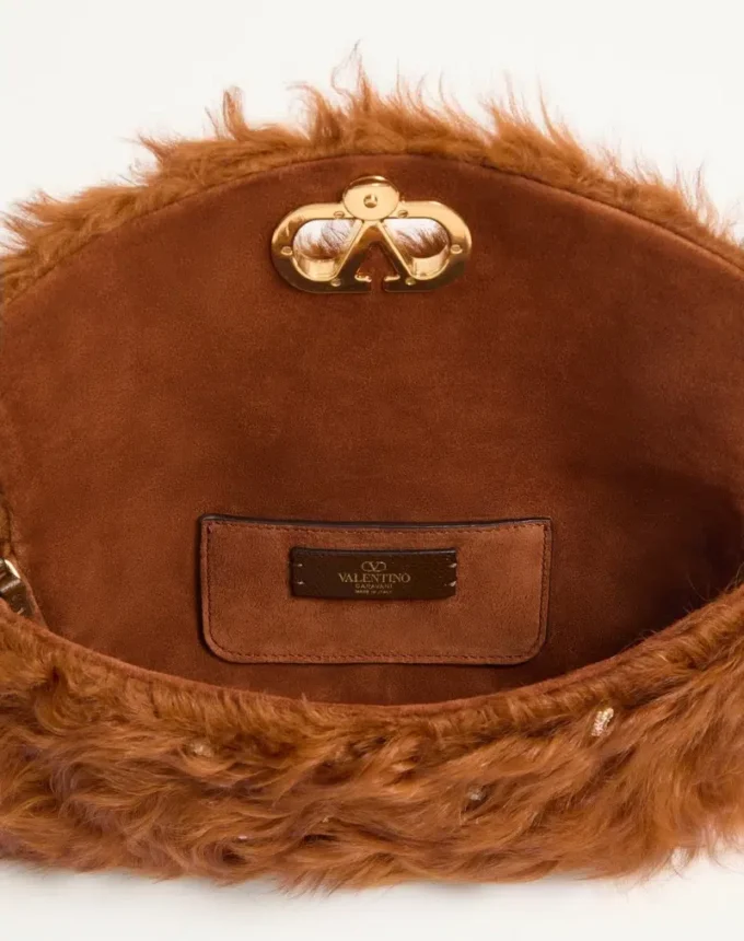 Valentino Garavani DeVain Small Shoulder Bag In Lamb Fur With Rhinestones.