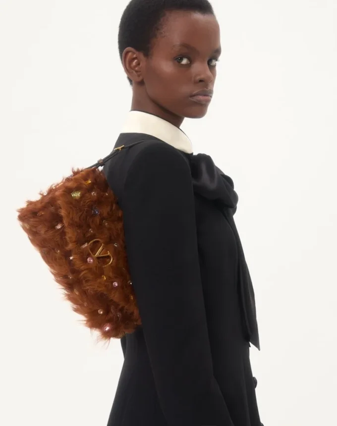 Valentino Garavani DeVain Small Shoulder Bag In Lamb Fur With Rhinestones.