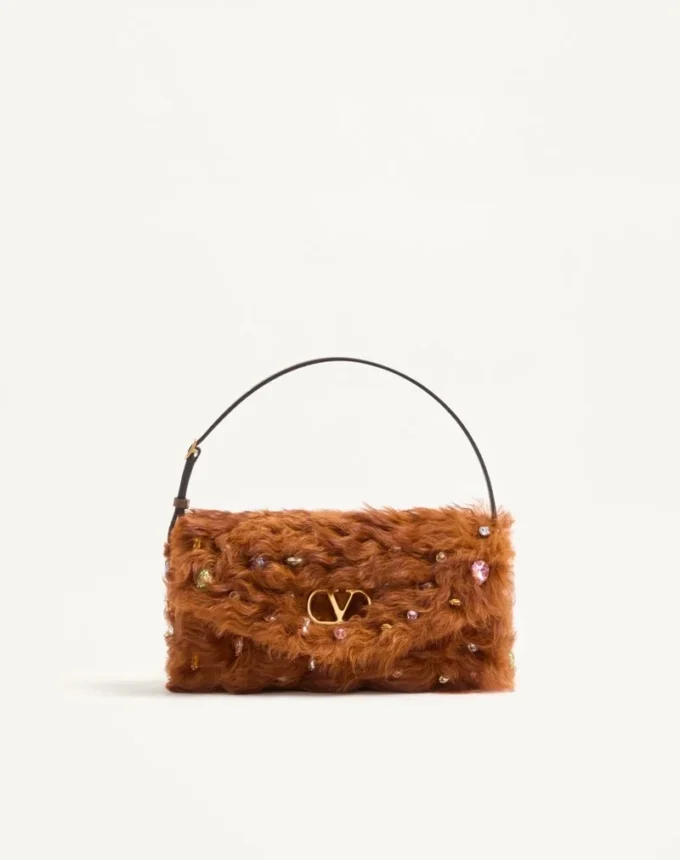 Valentino Garavani DeVain Small Shoulder Bag In Lamb Fur With Rhinestones.