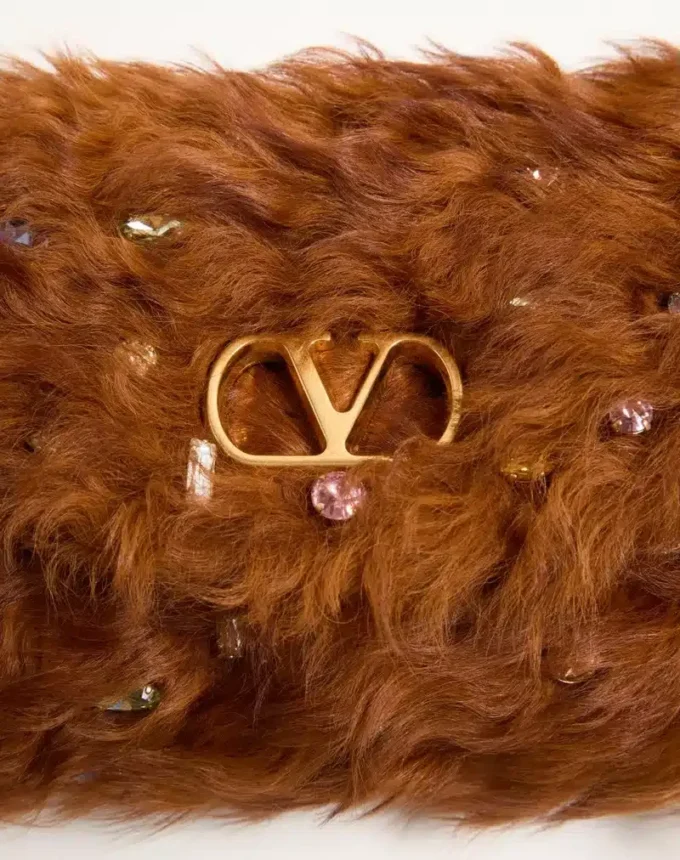 Valentino Garavani DeVain Small Shoulder Bag In Lamb Fur With Rhinestones.