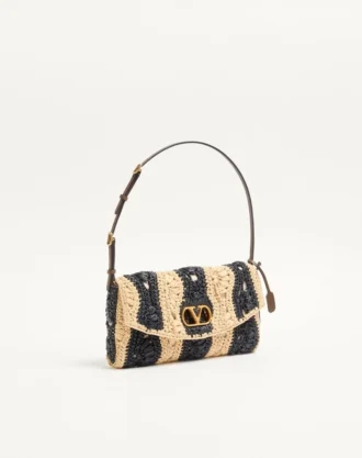 Valentino Garavani DeVain Small Shoulder Bag In Raffia With Wave Pattern