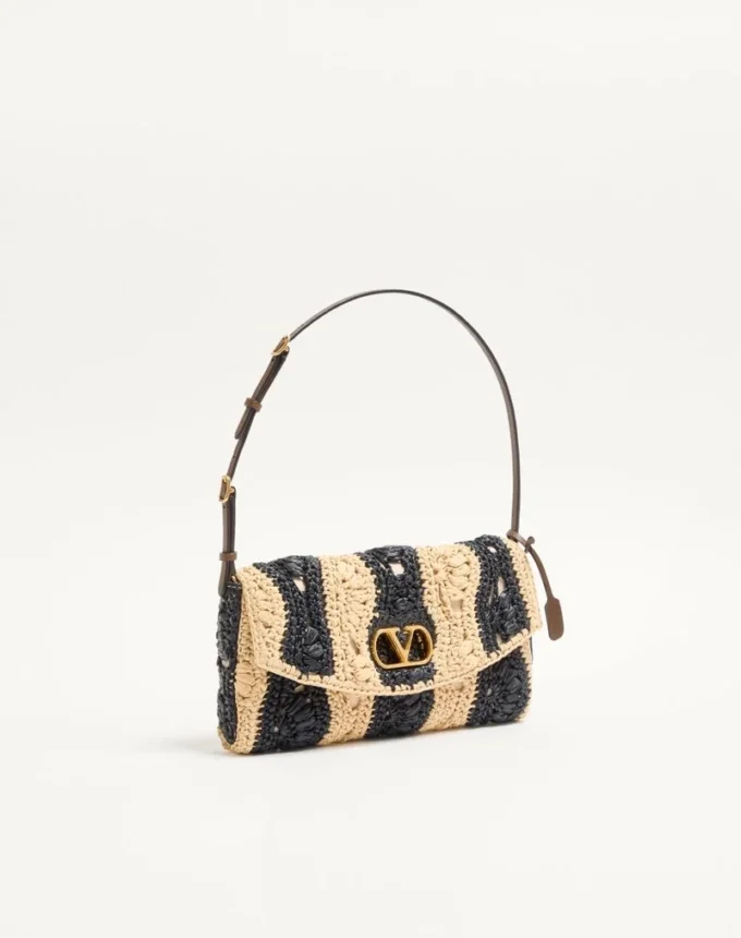 Valentino Garavani DeVain Small Shoulder Bag In Raffia With Wave Pattern